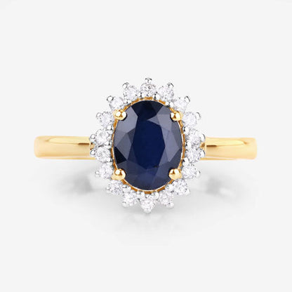 Anillo de oro amarillo de 14K con zafiro azul genuino de 1.73 quilates y diamantes blancos