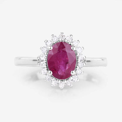 Anillo de oro blanco de 14K con rubí genuino de 1,64 quilates y diamantes blancos