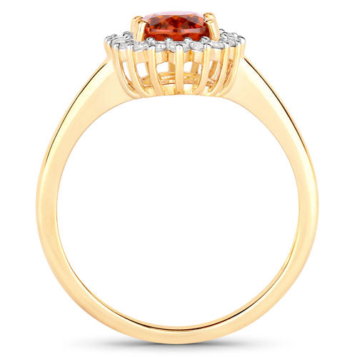Anillo de oro amarillo de 14K con granate espesartita auténtico de 1,87 quilates y diamantes blancos
