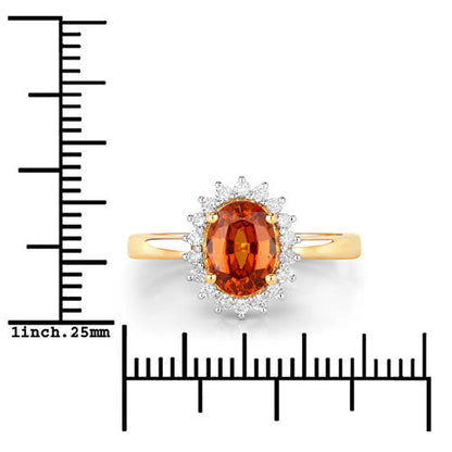 Anillo de oro amarillo de 14K con granate espesartita auténtico de 1,87 quilates y diamantes blancos