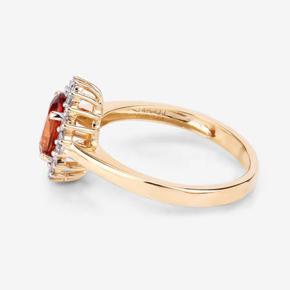 Anillo de oro amarillo de 14K con granate espesartita auténtico de 1,87 quilates y diamantes blancos