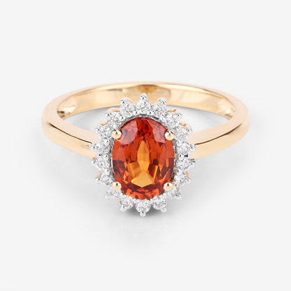 Anillo de oro amarillo de 14K con granate espesartita auténtico de 1,87 quilates y diamantes blancos