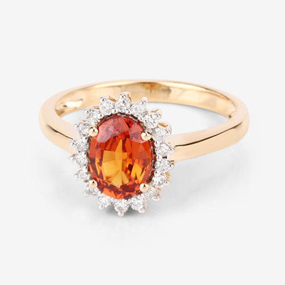 Anillo de oro amarillo de 14K con granate espesartita auténtico de 1,87 quilates y diamantes blancos