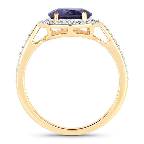 Anillo de oro amarillo de 14K con iolita genuina de 1,79 quilates y diamantes blancos