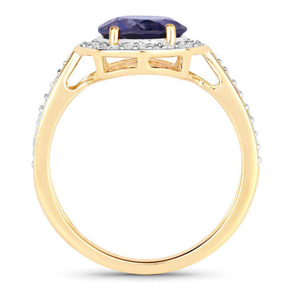 Anillo de oro amarillo de 14K con iolita genuina de 1,79 quilates y diamantes blancos