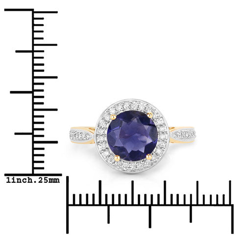 Anillo de oro amarillo de 14K con iolita genuina de 1,79 quilates y diamantes blancos