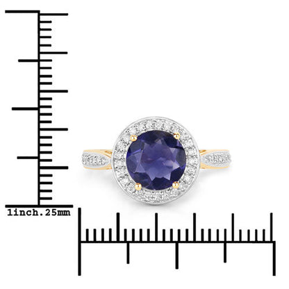 Anillo de oro amarillo de 14K con iolita genuina de 1,79 quilates y diamantes blancos