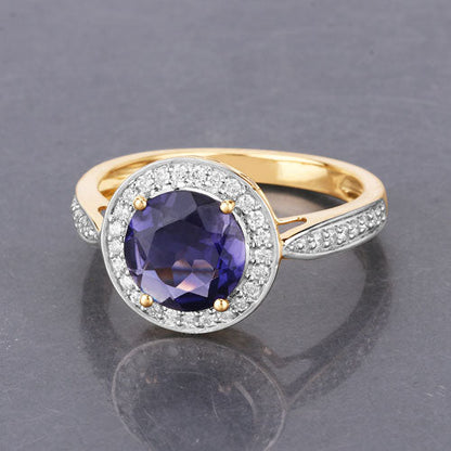 Anillo de oro amarillo de 14K con iolita genuina de 1,79 quilates y diamantes blancos