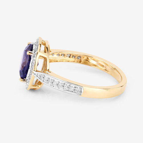 Anillo de oro amarillo de 14K con iolita genuina de 1,79 quilates y diamantes blancos
