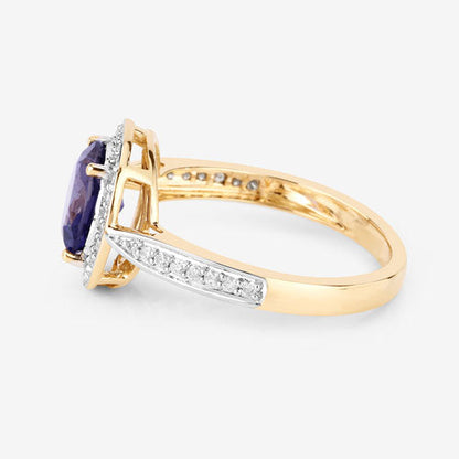 Anillo de oro amarillo de 14K con iolita genuina de 1,79 quilates y diamantes blancos