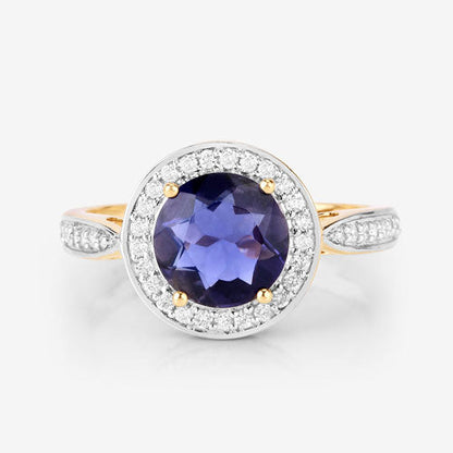 Anillo de oro amarillo de 14K con iolita genuina de 1,79 quilates y diamantes blancos