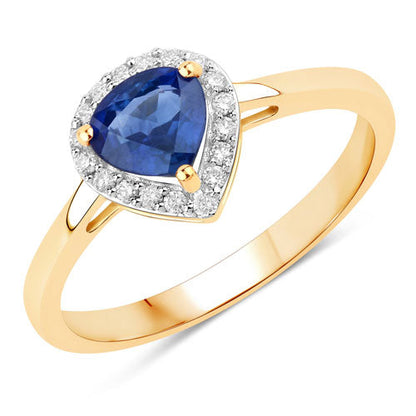 Anillo de oro amarillo de 14 quilates con zafiro azul auténtico de 0,73 quilates y diamante blanco