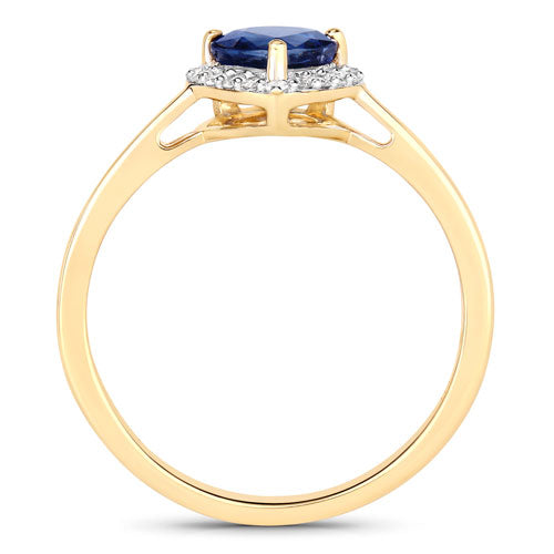 Anillo de oro amarillo de 14 quilates con zafiro azul auténtico de 0,73 quilates y diamante blanco