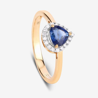 Anillo de oro amarillo de 14 quilates con zafiro azul auténtico de 0,73 quilates y diamante blanco