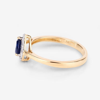 Anillo de oro amarillo de 14 quilates con zafiro azul auténtico de 0,73 quilates y diamante blanco