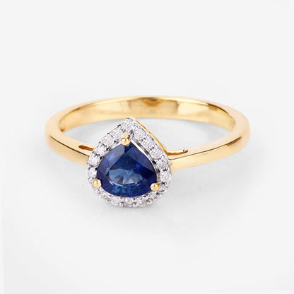 Anillo de oro amarillo de 14 quilates con zafiro azul auténtico de 0,73 quilates y diamante blanco