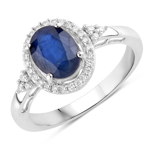 Anillo de oro blanco de 14 quilates con zafiro azul auténtico de 1,70 quilates y diamantes blancos