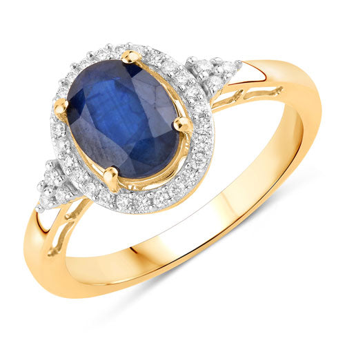Anillo de oro amarillo de 14 quilates con zafiro azul auténtico de 1,70 quilates y diamante blanco