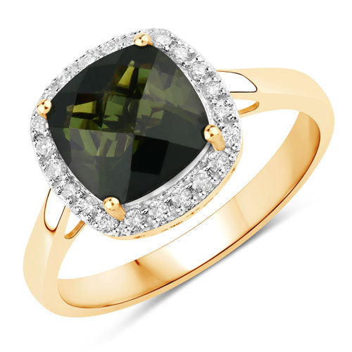 Anillo de 14K Oro Amarillo con Turmalina Verde Genuina de 2.64 Quilates y Diamantes Blancos
