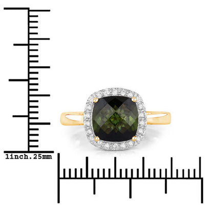 Anillo de 14K Oro Amarillo con Turmalina Verde Genuina de 2.64 Quilates y Diamantes Blancos