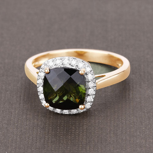 Anillo de 14K Oro Amarillo con Turmalina Verde Genuina de 2.64 Quilates y Diamantes Blancos