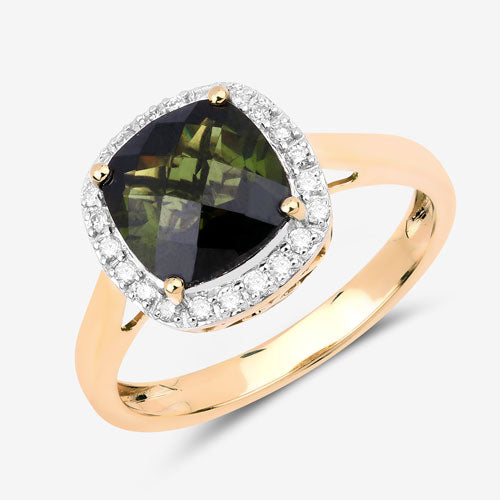 Anillo de 14K Oro Amarillo con Turmalina Verde Genuina de 2.64 Quilates y Diamantes Blancos