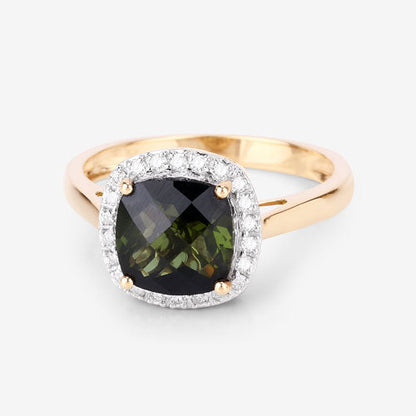 Anillo de 14K Oro Amarillo con Turmalina Verde Genuina de 2.64 Quilates y Diamantes Blancos