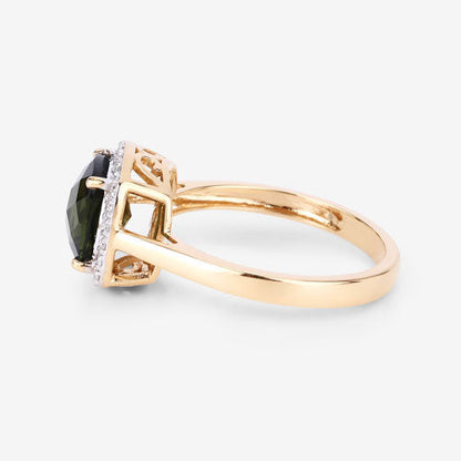Anillo de 14K Oro Amarillo con Turmalina Verde Genuina de 2.64 Quilates y Diamantes Blancos