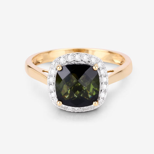 Anillo de 14K Oro Amarillo con Turmalina Verde Genuina de 2.64 Quilates y Diamantes Blancos