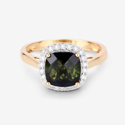 Anillo de 14K Oro Amarillo con Turmalina Verde Genuina de 2.64 Quilates y Diamantes Blancos