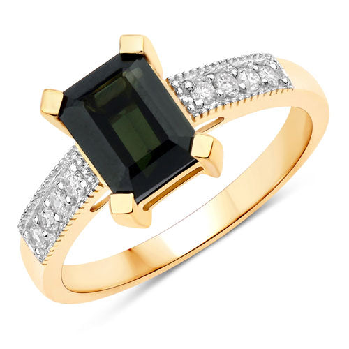 Anillo de oro amarillo de 14K con turmalina verde genuina de 1,91 quilates y diamante blanco
