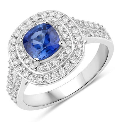Anillo de oro blanco de 18 quilates con zafiro azul auténtico de 1.96 quilates y diamante blanco