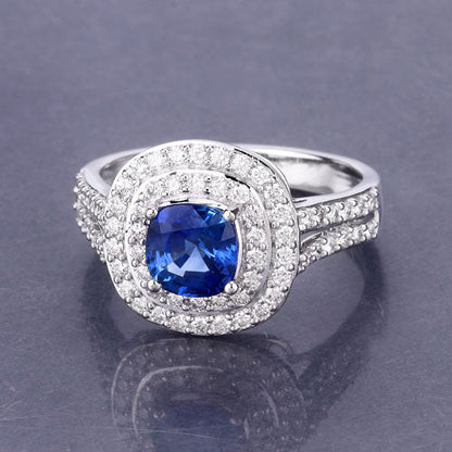 Anillo de oro blanco de 18 quilates con zafiro azul auténtico de 1.96 quilates y diamante blanco