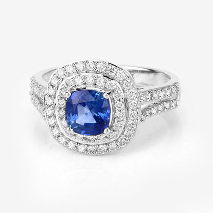 Anillo de oro blanco de 18 quilates con zafiro azul auténtico de 1.96 quilates y diamante blanco