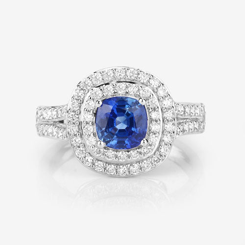 Anillo de oro blanco de 18 quilates con zafiro azul auténtico de 1.96 quilates y diamante blanco