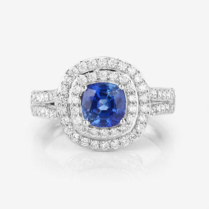 Anillo de oro blanco de 18 quilates con zafiro azul auténtico de 1.96 quilates y diamante blanco