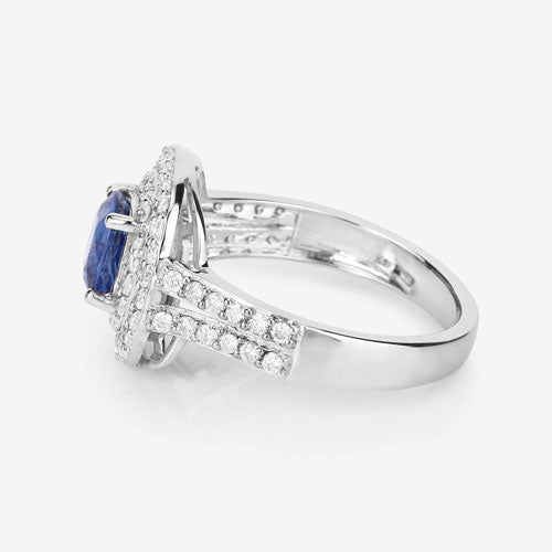 Anillo de oro blanco de 18 quilates con zafiro azul auténtico de 1.96 quilates y diamante blanco