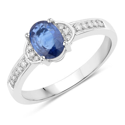 Anillo de oro blanco de 10 quilates con zafiro azul genuino de 1,05 quilates y diamantes blancos