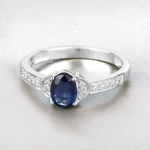 Anillo de oro blanco de 10 quilates con zafiro azul genuino de 1,05 quilates y diamantes blancos