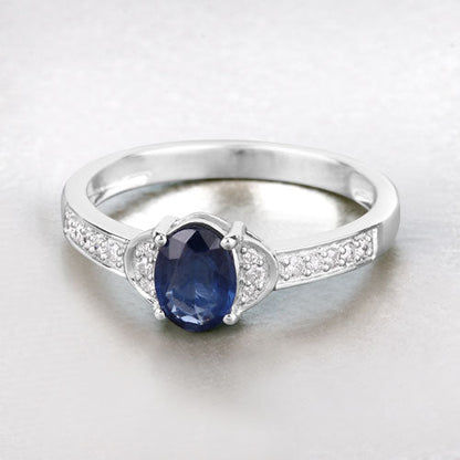 Anillo de oro blanco de 10 quilates con zafiro azul genuino de 1,05 quilates y diamantes blancos