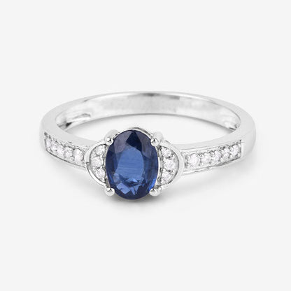 Anillo de oro blanco de 10 quilates con zafiro azul genuino de 1,05 quilates y diamantes blancos