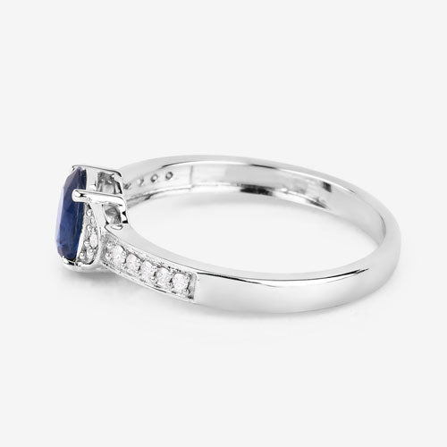Anillo de oro blanco de 10 quilates con zafiro azul genuino de 1,05 quilates y diamantes blancos