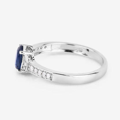 Anillo de oro blanco de 10 quilates con zafiro azul genuino de 1,05 quilates y diamantes blancos