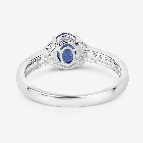 Anillo de oro blanco de 10 quilates con zafiro azul genuino de 1,05 quilates y diamantes blancos