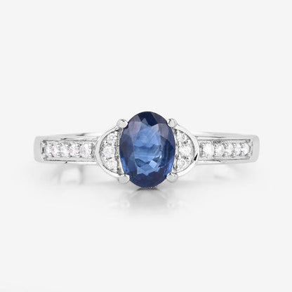 Anillo de oro blanco de 10 quilates con zafiro azul genuino de 1,05 quilates y diamantes blancos