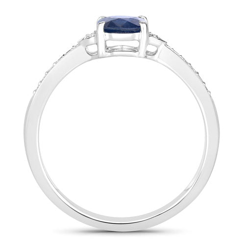 Anillo de oro blanco de 10 quilates con zafiro azul genuino de 1,05 quilates y diamantes blancos