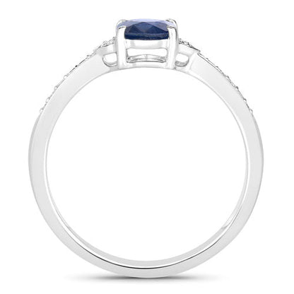 Anillo de oro blanco de 10 quilates con zafiro azul genuino de 1,05 quilates y diamantes blancos