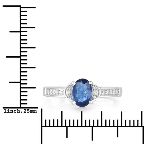 Anillo de oro blanco de 10 quilates con zafiro azul genuino de 1,05 quilates y diamantes blancos