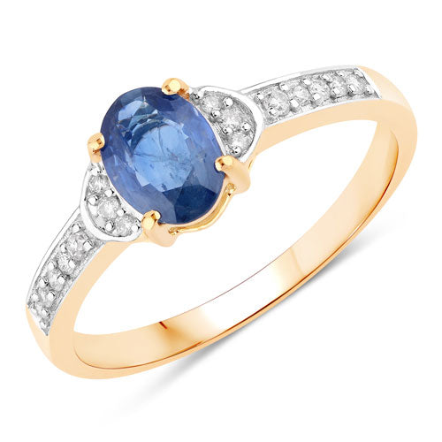 Anillo de zafiro azul auténtico de 1.05 quilates y diamantes blancos en oro amarillo de 10K