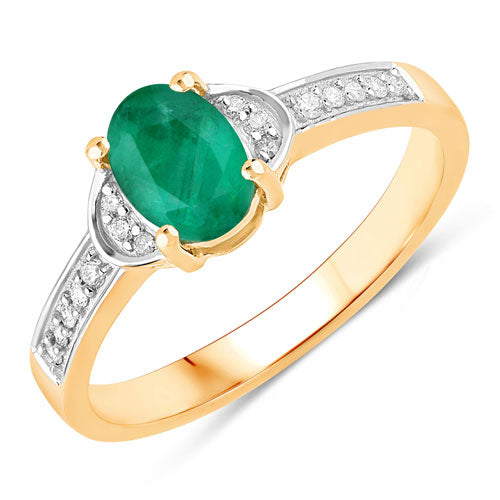 Anillo de oro amarillo de 14 quilates con esmeralda zambiana auténtica de 0,82 quilates y diamantes blancos